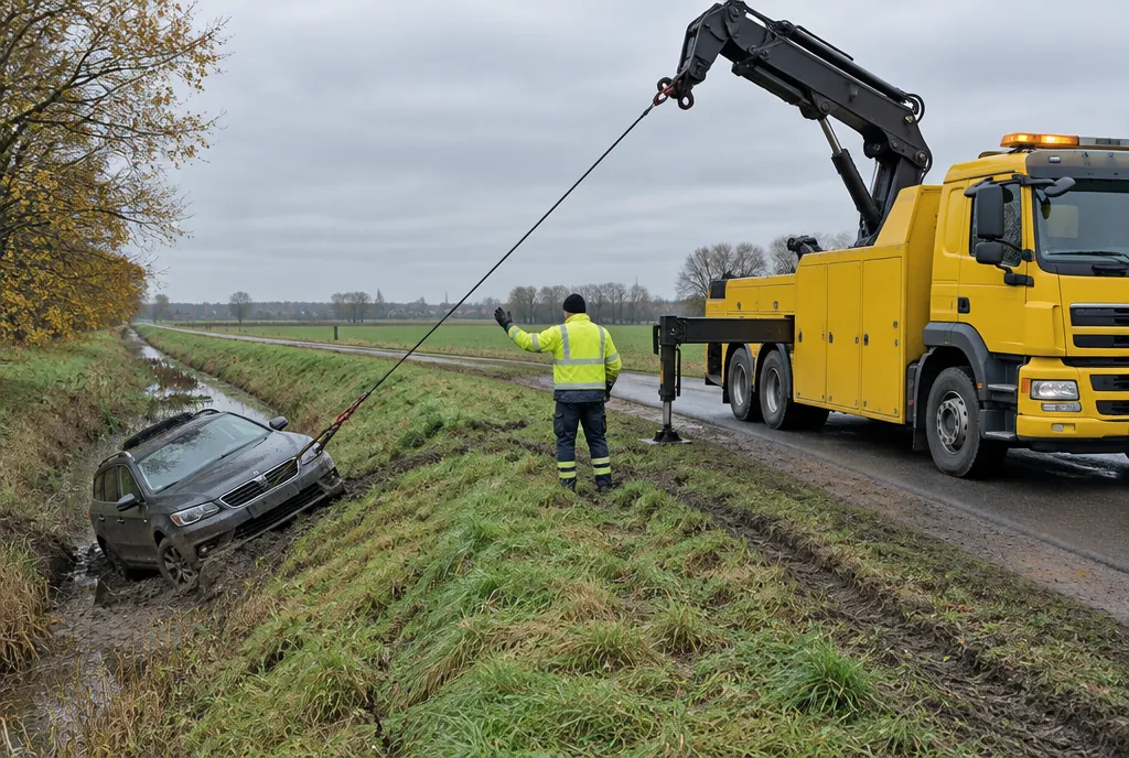 Abschleppwagen mit Kran zieht ein Auto aus dem Graben