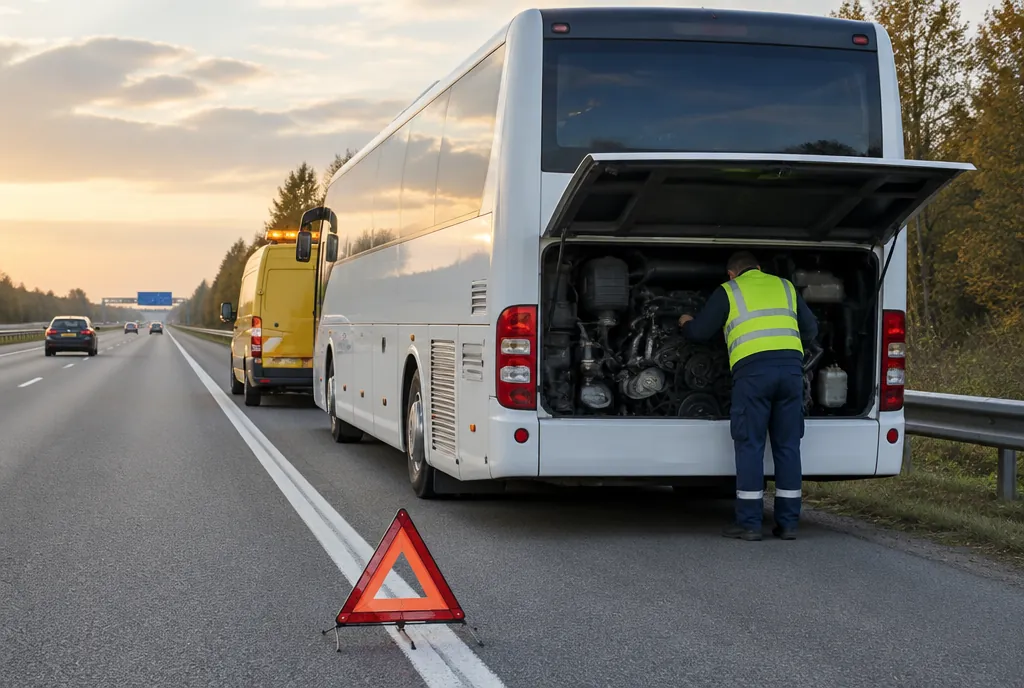Reisebus mit offener Motorklappe am Standstreifen, Mechaniker am Motor