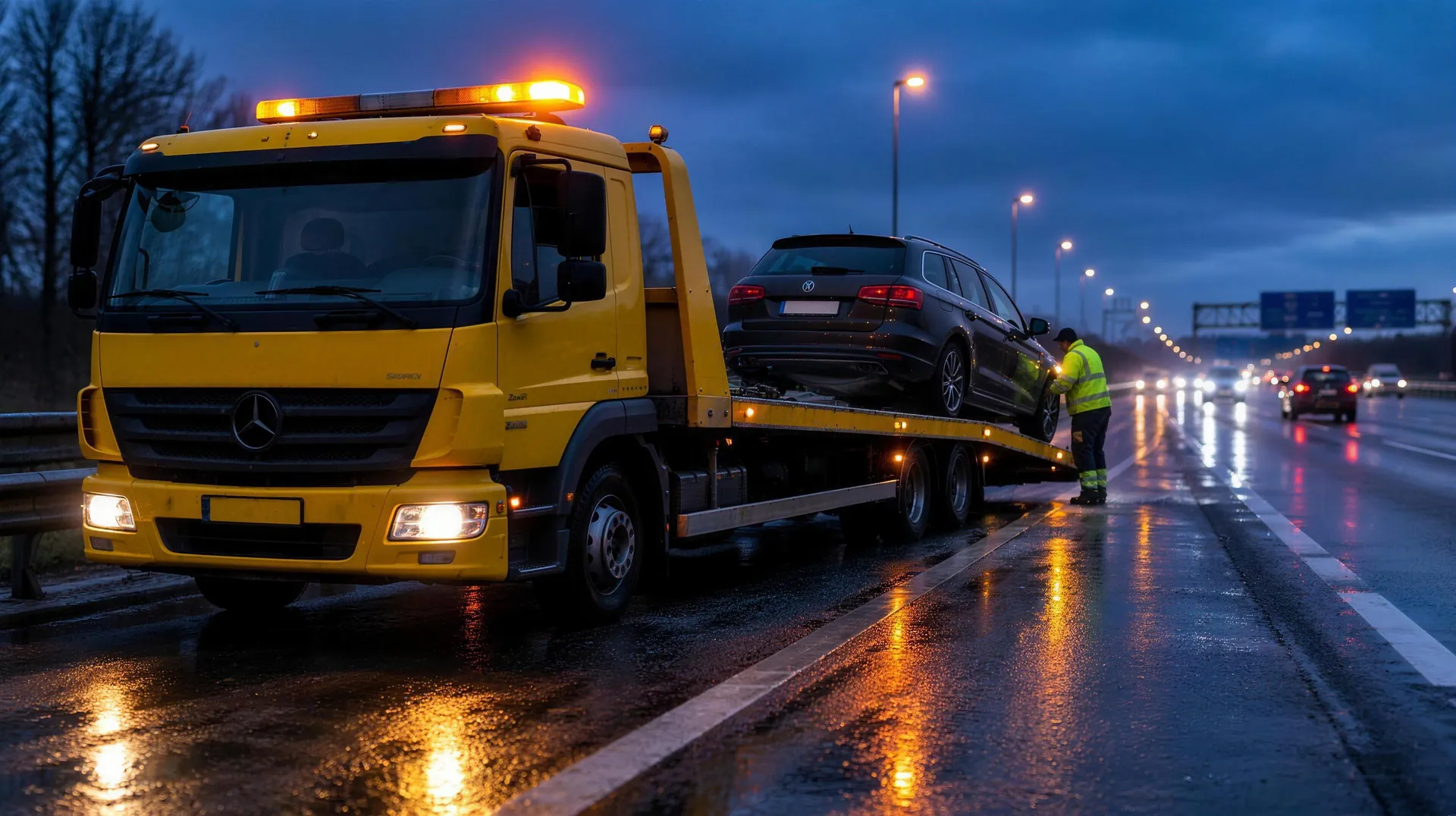 Gelber Abschleppwagen mit Plateau lädt in der Dämmerung ein Auto auf dem Standstreifen der Autobahn