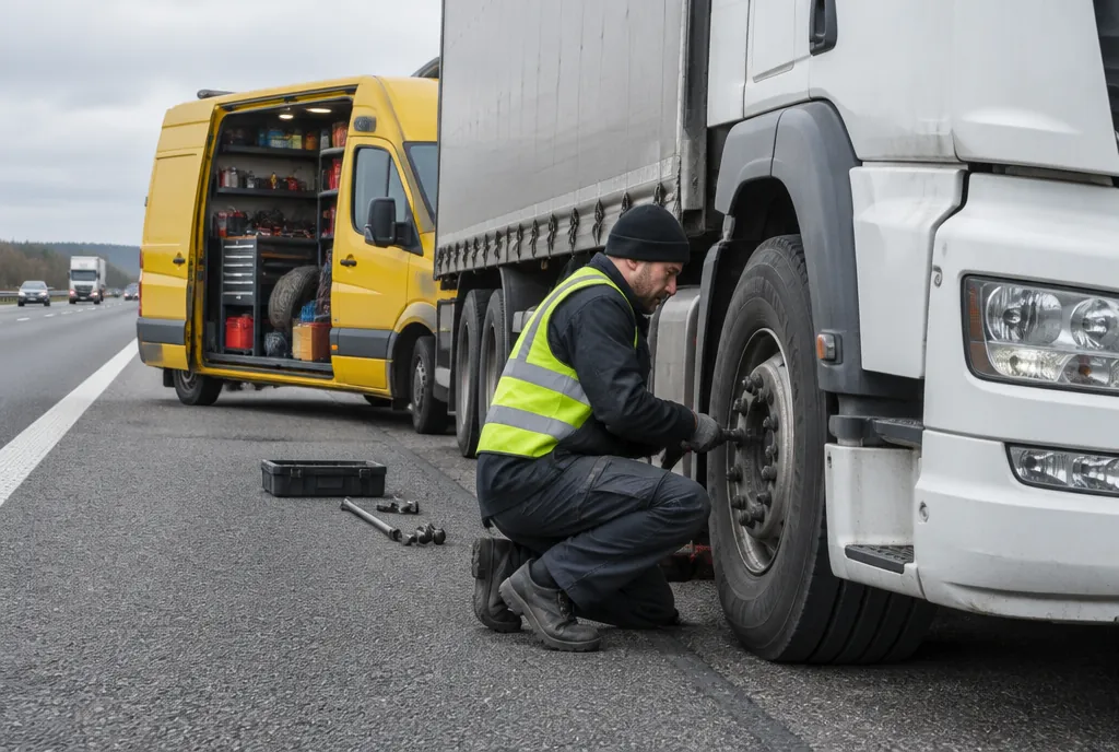Mechaniker repariert einen LKW auf dem Standstreifen, dahinter der gelbe Werkstattwagen