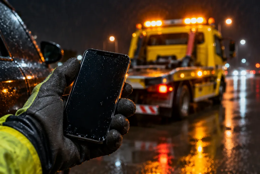 Hand mit Handy, im Hintergrund ein wartender Abschleppwagen bei Nacht