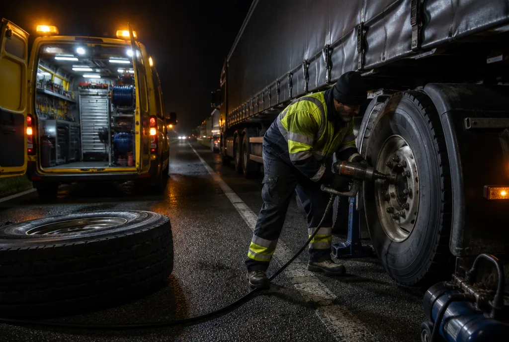 Mechaniker wechselt nachts einen LKW-Reifen am Straßenrand im Licht des Werkstattwagens