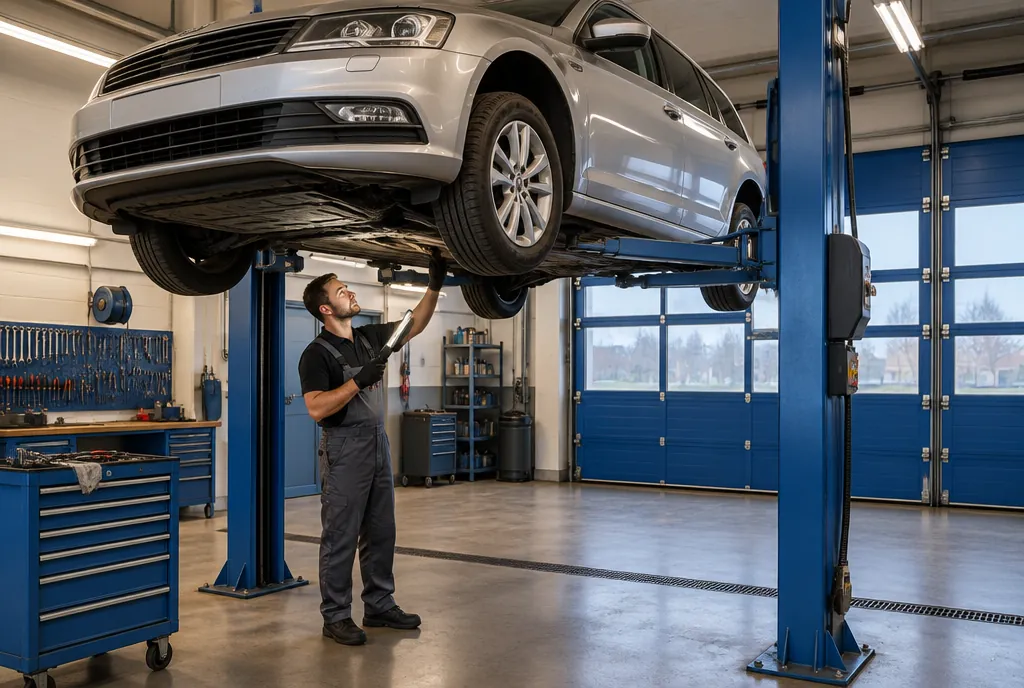 Auto auf der Hebebühne in der Werkstatt, Mechaniker prüft den Unterboden